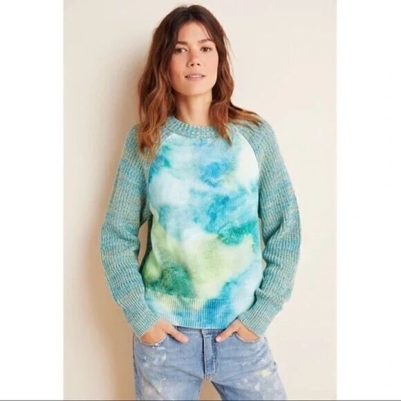 NEW Anthropologie Cloth and Stone Raglan Blue Watercolor Tie-Dye Sweater X-Small - Picture 1 of 5